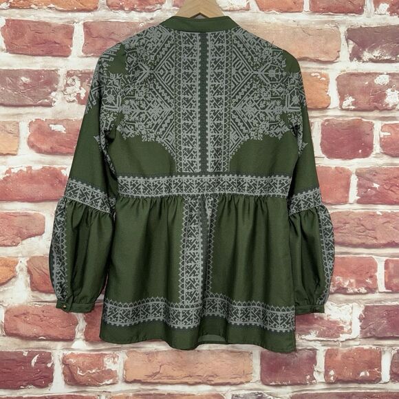 Konrad + Joseph Top Women's Small Green Gray Boho Abstract Casual Peasant Shirt - Picture 4 of 8